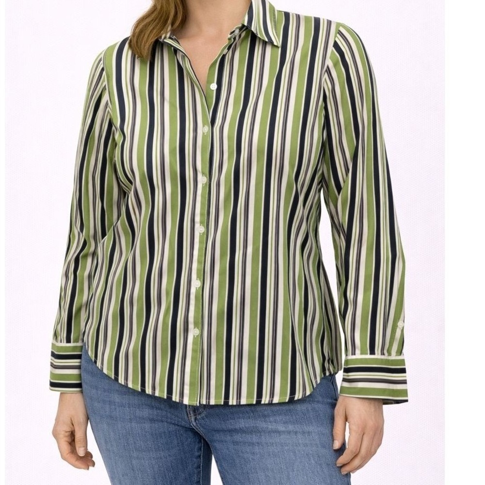 Jones New York Signature Petite Striped Button Down Shirt Green Black‎ Size PS